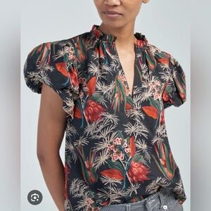 Ulla Johnson Klara Floral Puff-Sleeve Split-Neck Top